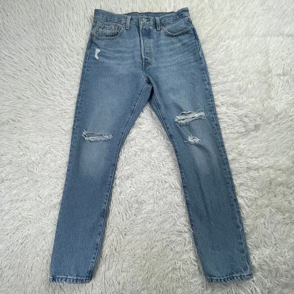 Levis Pants Womens 29x28 Blue 501S Skinny Button Fly Distressed Denim Jeans - Picture 1 of 14